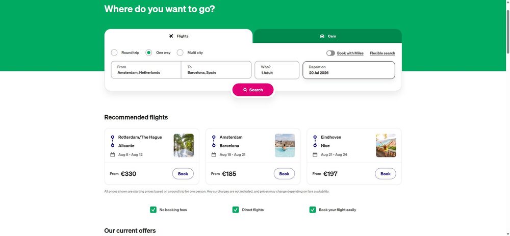 Форма поиска на transavia.com: Амстердам → Барселона, в одну сторону (One way), 1 взрослый, вылет 20 июля 2026