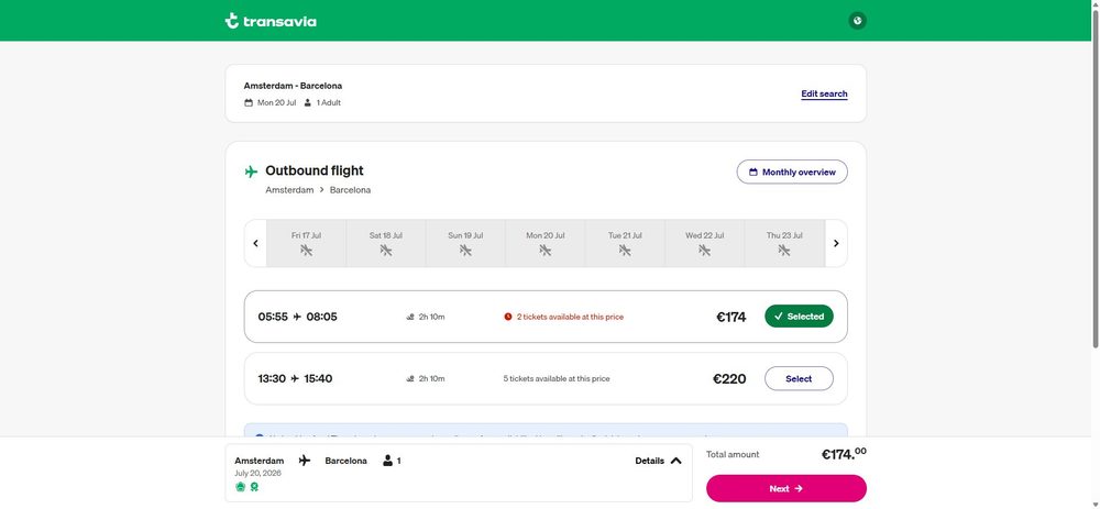 Рейсы Амстердам → Барселона на 20 июля: 05:55–08:05 (2 ч 10 мин) за €174 и 13:30–15:40 за €220, лента цен по соседним датам
