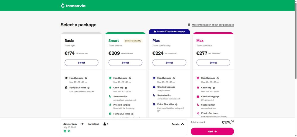 Экран «Select a package»: Basic €174, Smart €209, Plus €224 (багаж 20 кг), Max €277 — с деталями ручной клади, бортовой сумки и багажа