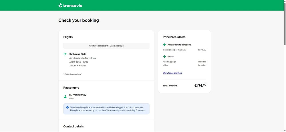 Экран «Check your booking»: тариф Basic, рейс Амстердам → Барселона HV5131, ручная кладь и мили Included, итог €174