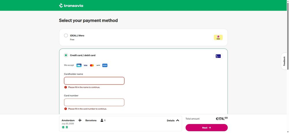 Экран оплаты: iDEAL | Wero и карты Bancontact / Visa / Mastercard / UATP / Amex; итог €174 в евро