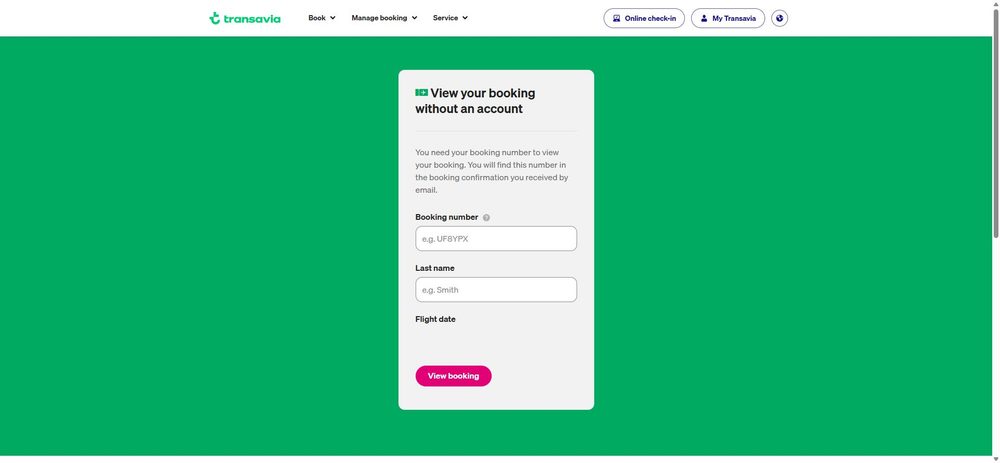 Форма Transavia «View your booking without an account»: номер бронирования, фамилия пассажира и дата рейса; онлайн-регистрация запускается кнопкой Online check-in